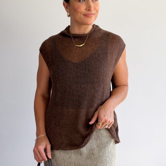 Women’s Open-Knit Mock Neck Sweater Tank – Cocoa Brown Top - Picture 6 of 10